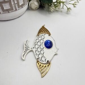 Vintage Large Fish Pendant White Gold Tone Blue Cabochon Articulated Mod Coastal